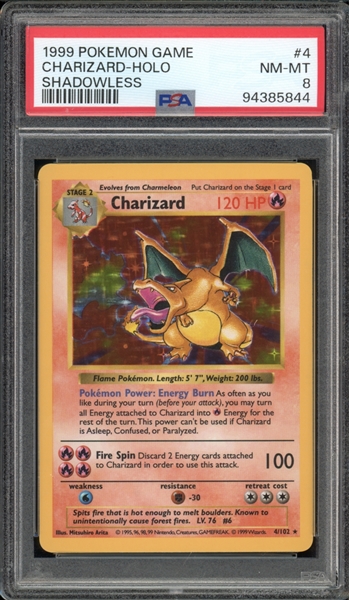 1999 Pokemon Shadowless Charizard Holo PSA 8 NM-MT