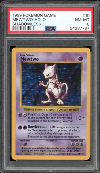 1999 Pokemon Shadowless #10 Meowtwo Holo PSA 8 NM-MT