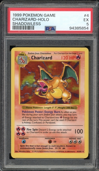 1999 Pokemon Shadowless #4 Charizard Holo PSA 5 EX