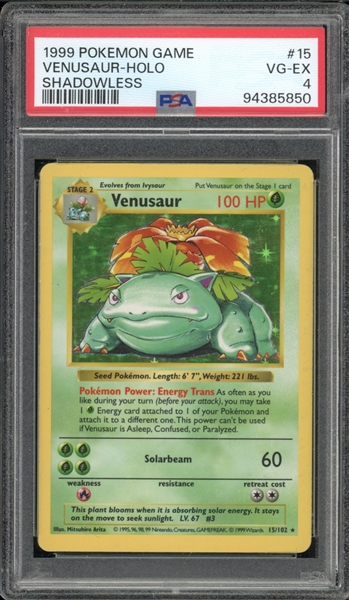 1999 Pokemon #15 Venusaur Shadowless Holo PSA 4 VG-EX