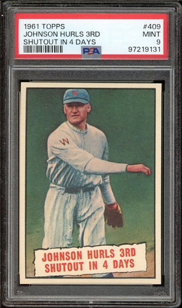 1961 Topps #409 Johnson Hurls 3rd Shutout In 4 Days PSA 9 MINT