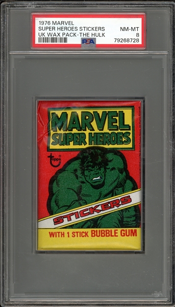 1976 Topps Marvel Super Heroes Stickers UK Wax Pack-The Hulk PSA 8 NM-MT