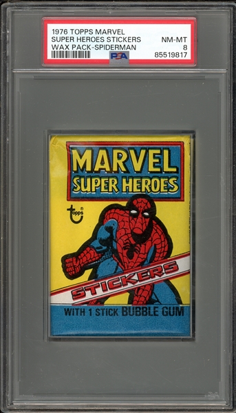 1976 Topps Marvel Super Heroes Stickers Wax Pack-Spiderman PSA 8 NM-MT