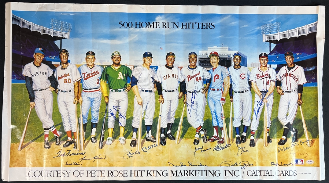 Baseballs 500 Home Run Club Multi-Signed Poster Featuring Mantle, Williams, Mays, Aaron and Others PSA LOA