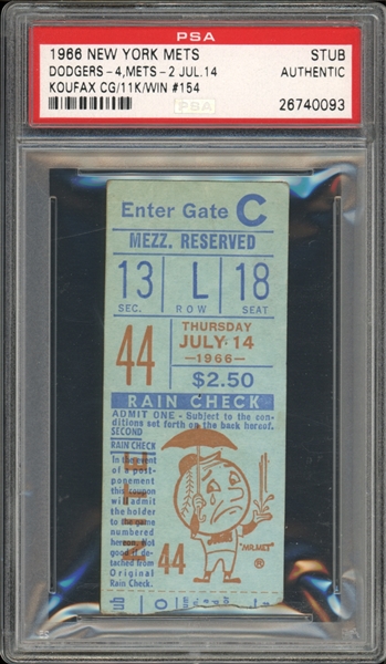 1966 Los Angeles Dodgers Vs. New York Mets Ticket Stub, Koufax CG Win PSA Authentic 