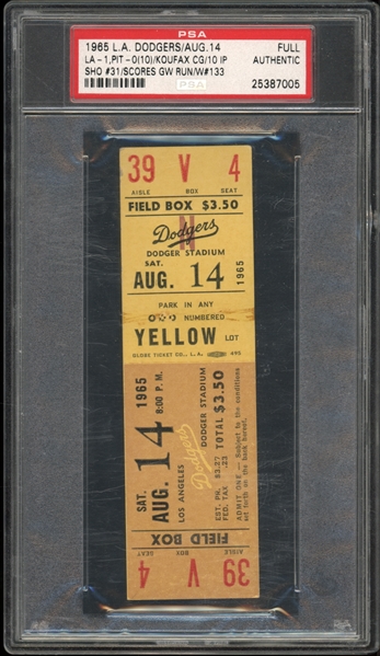 1965 L.A. Dodgers Vs Pittsburgh Pirates Koufax Win Full Ticket PSA Authentic