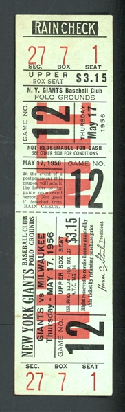 1956 New York Giants Vs. Milwaukee Braves, Braves Win Full Ticket