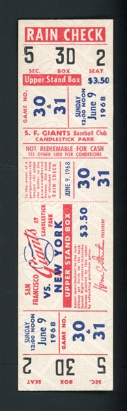 1968 San Francisco Giants Vs. New York Mets Giants Win Full Ticket