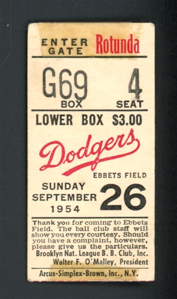 1954 Brooklyn Dodgers Vs. Pittsburgh Pirates Dodgers Win Ticket Stub