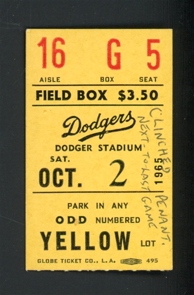 1965 L.A. Dodgers Vs. Milwaukee Braves Dodgers Win, Koufax Throws 13 Strikeouts Ticket Stub