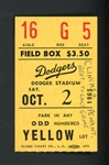 1965 L.A. Dodgers Vs. Milwaukee Braves Dodgers Win, Koufax Throws 13 Strikeouts Ticket Stub