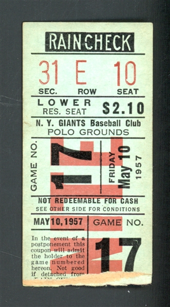 1957 NY Giants Vs. Brooklyn Dodgers Ticket Stub 