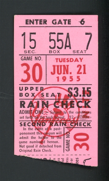 1955 NY Yankees Vs. Kansas City Athletics Yankees Win Mantle Homers Ticket Stub