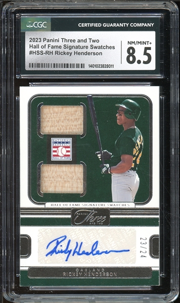 2023 Panini Three And Two Hall Of Fame Signature Swatches (23/24) #HSS-RH Rickey Henderson CGC 8.5 NM-MT+