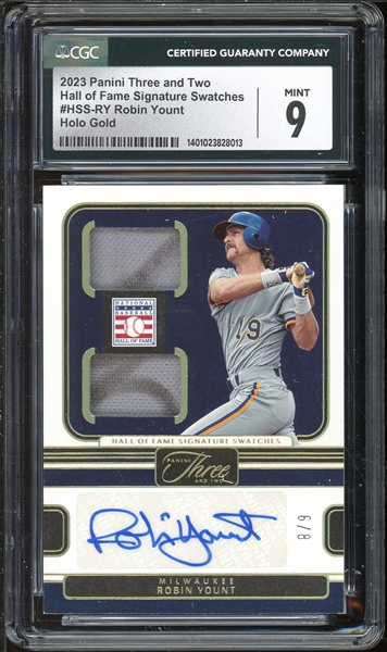 2023 Panini Three And Two Hall Of Fame Swatches Holo Gold (8/9) #HSS-RY Robin Yount CGC 9 MINT