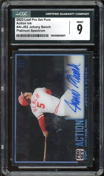 2023 Leaf Pro Set Pure Action Ink Platinum Spectrum (7/7) #AI-JB2 Johnny Bench CGC 9 MINT