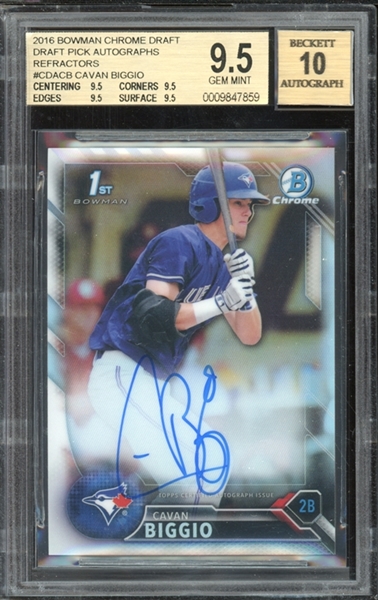 2016 Bowman Chrome Draft Pick Autographs Refractor (93/499) #CDACB Cavan Biggio BGS 9.5 GEM MINT Auto 10 