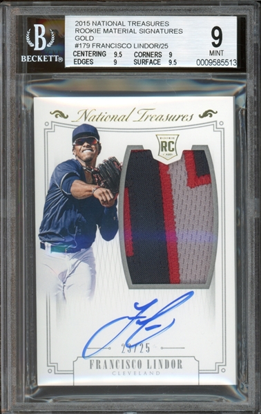 2015 National Treasures Rookie Material Signatures Gold #179 Francisco Lindor/25 BGS 9 MINT Auto 9