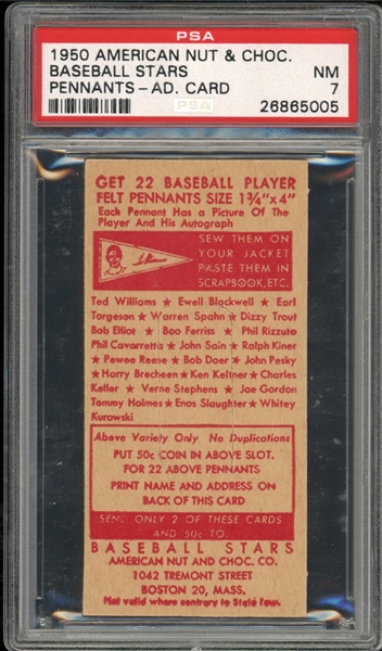 1950 American Nut & Choc. Co. Baseball Stars Pennants Advertisement Card Featuring Ted Williams PSA 7 NM