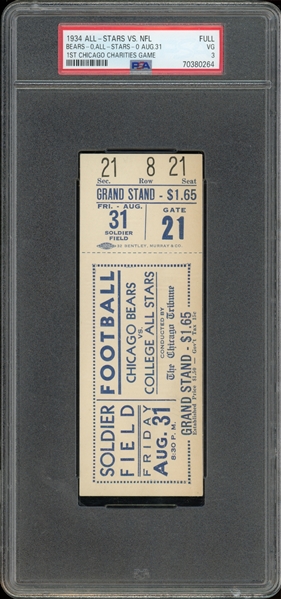 1934 First Ever NFL & College Football All Star Game - Only Full Ticket In Existence PSA 3 VG